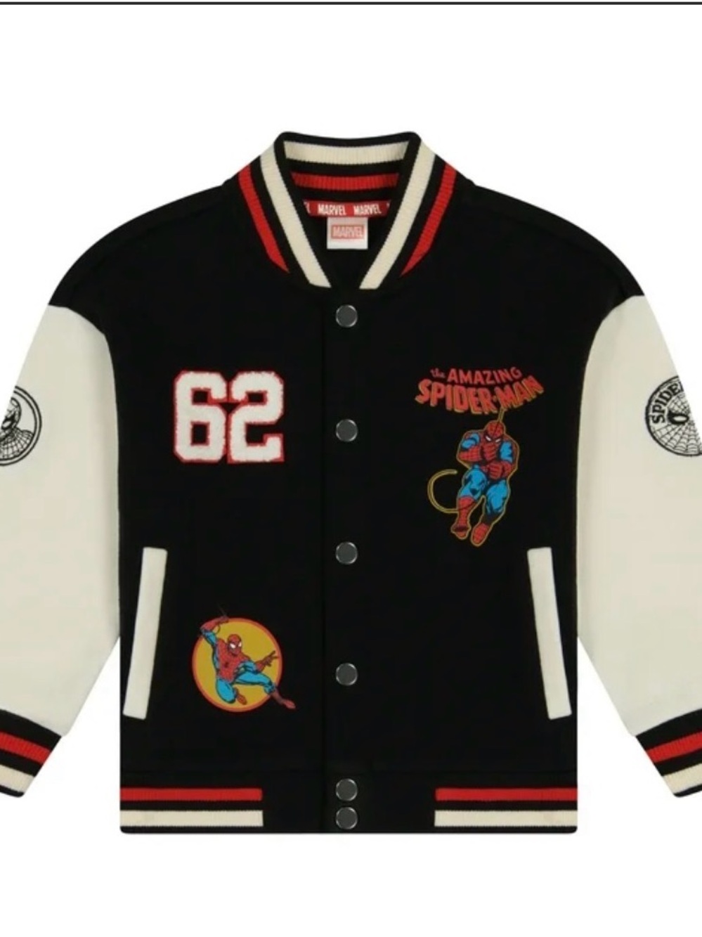 Marvel Kids Spider-Man Black & Cream Varsity Jacket with Red Accents